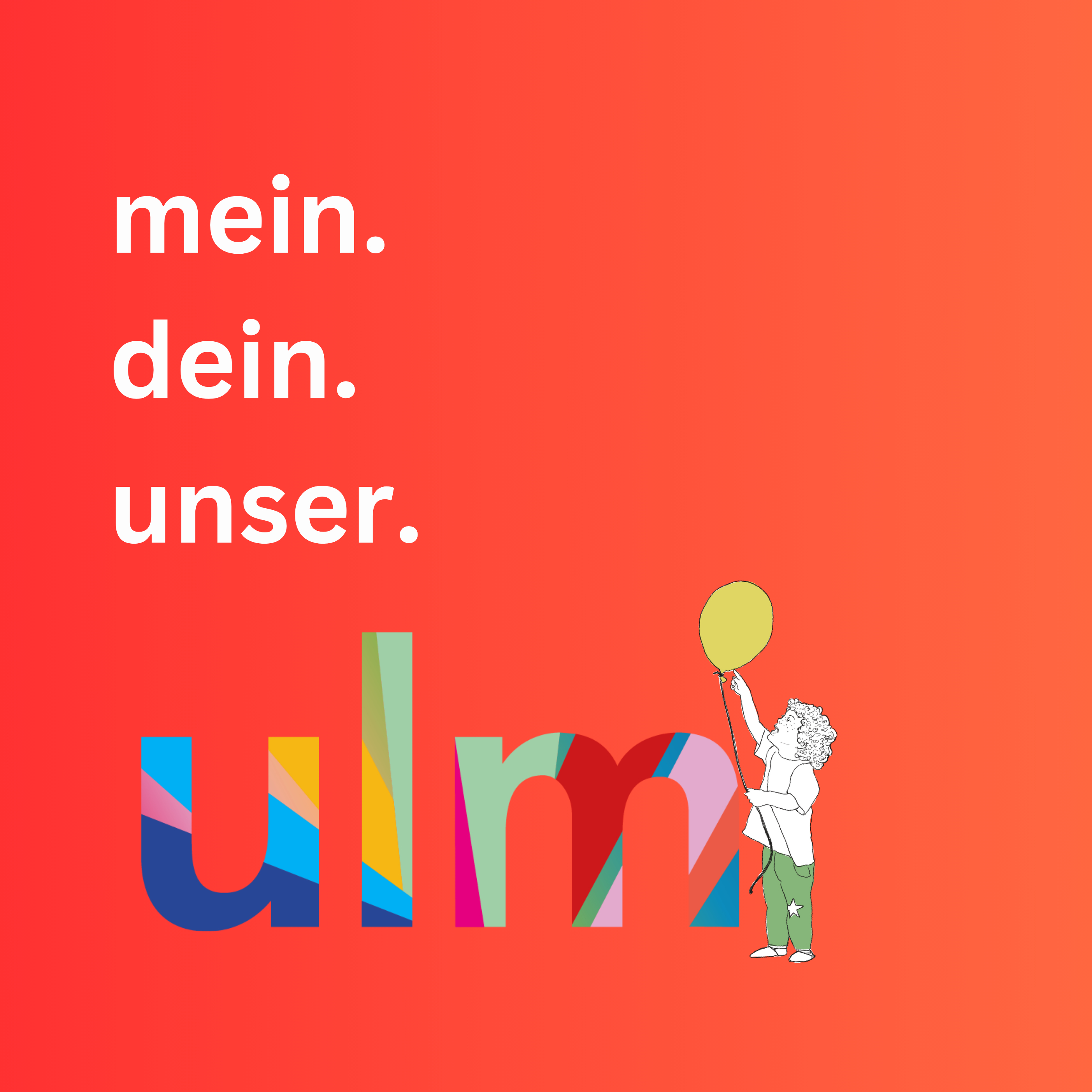 Buntes Logo der Stadt Ulm auf rotem Hintergrund