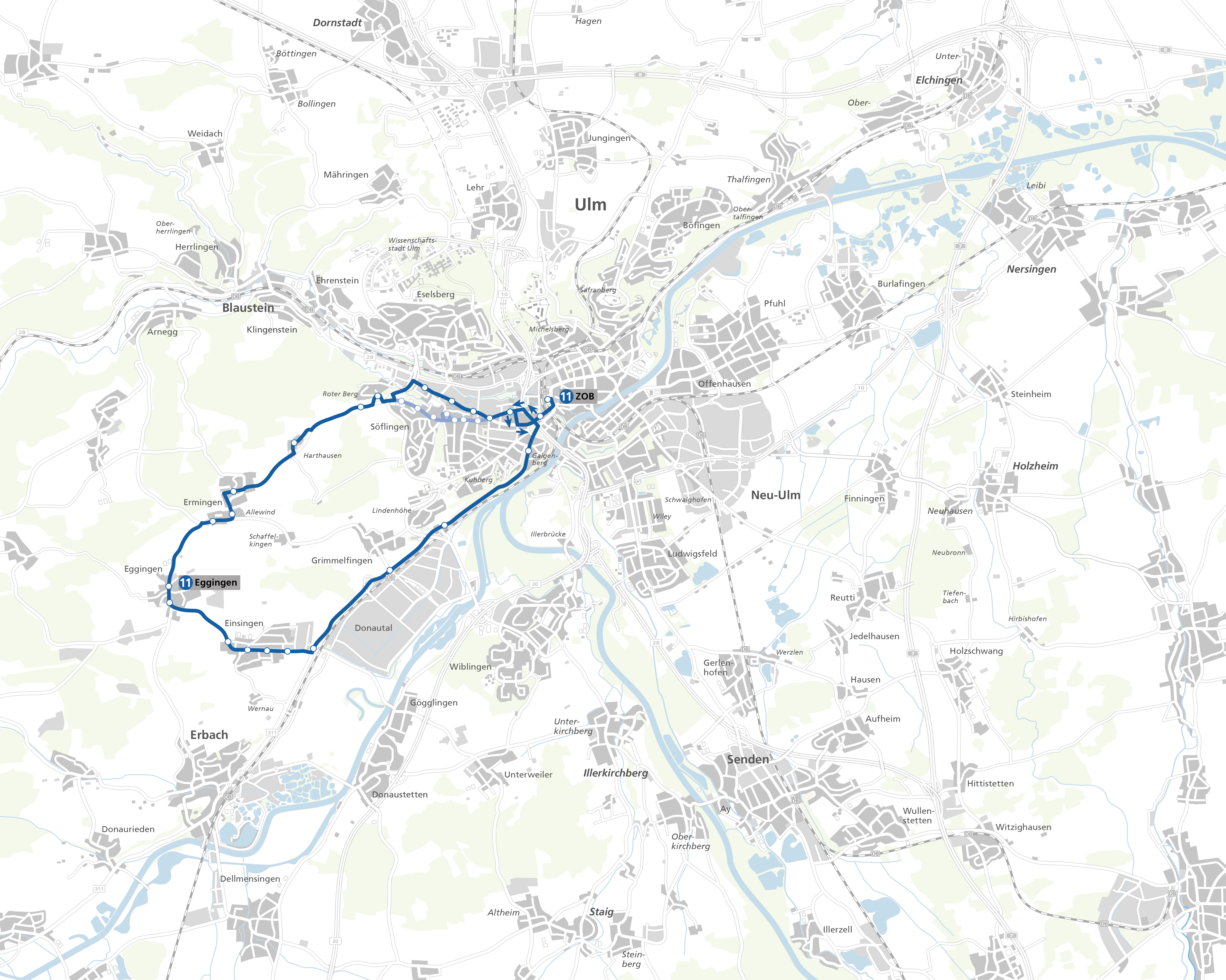 Linienverläufe beider Varianten der Linie 11