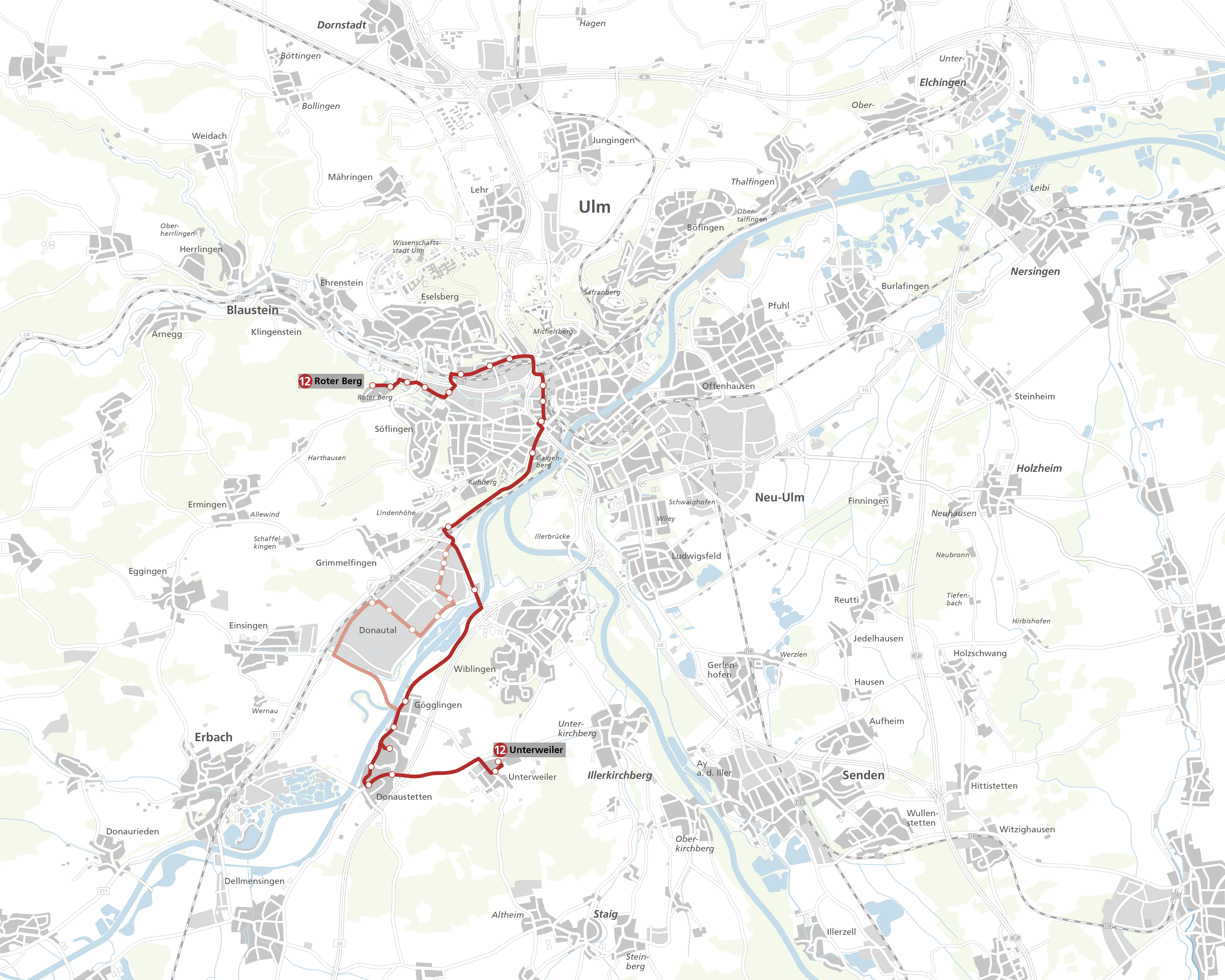 Linienverläufe beider Varianten der Linie 12