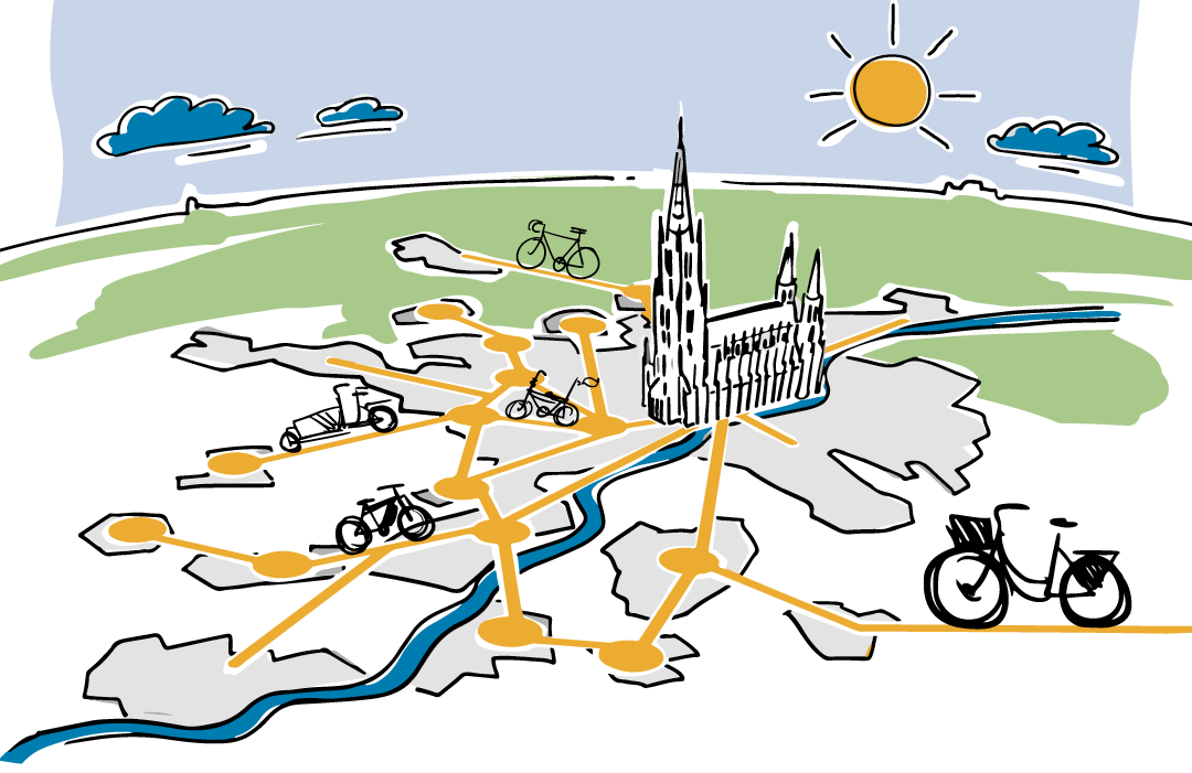 Illustration von Fahrrädern auf Routen zum Ulmer Münster